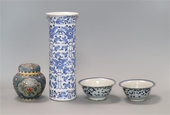 A Chinese blue and white sleeve vase, a pair of tea bowls and faux cloisonne jar vase 26cm